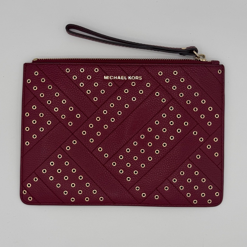 Michael Kors Jet Set Travel XL Zip Stud Clutch Wristlet Pebbled Leather Mulberry - Picture 9 of 10